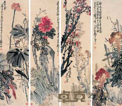 赵云壑 花卉 四屏 130×37cm×4